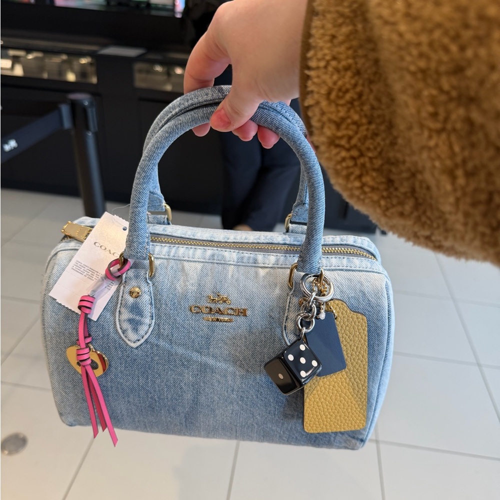 Coach Denim Satchel with Pink Tassel and Yellow Tag